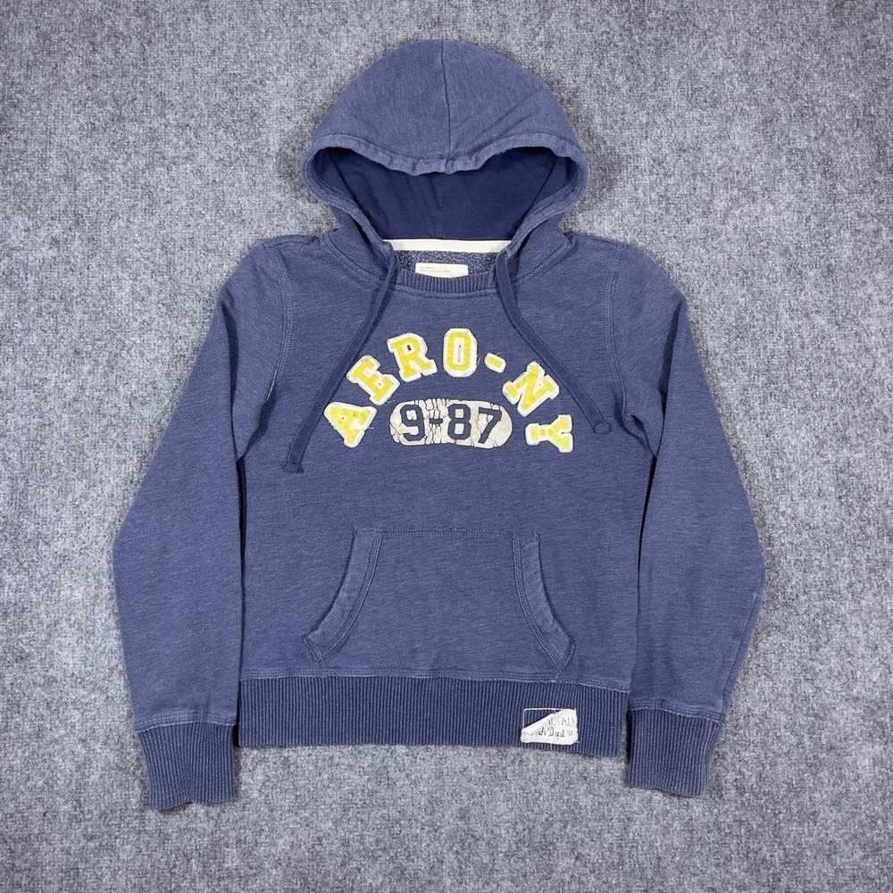 Y2K‎ Aeropostale Hoodie Women M Blue Aero NY 9-87 Graphic Pullover Sweatshirt